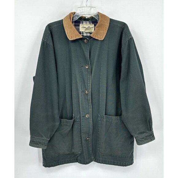 vintage 90s Y2K EDDIE BAUER chore coat barn jacket plaid lined western green M - Picture 2 of 13